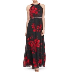 Elegant Black and Red Floral Dress